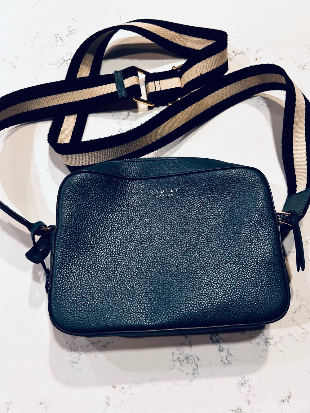 RADLEY LONDON Dark Green Pebbled Leather Crossbody with Striped Strap